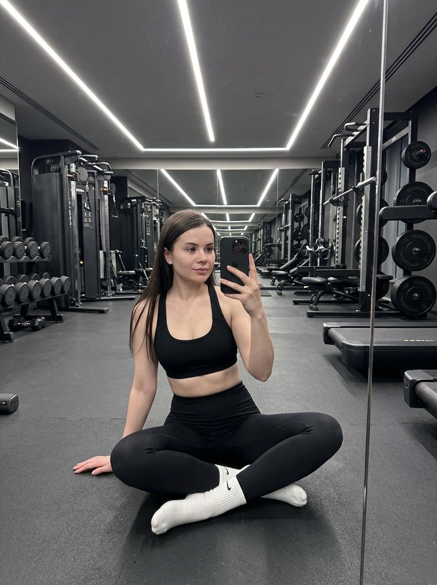 Фотореалистичный портрет девушки у зеркала в фитнес-зале