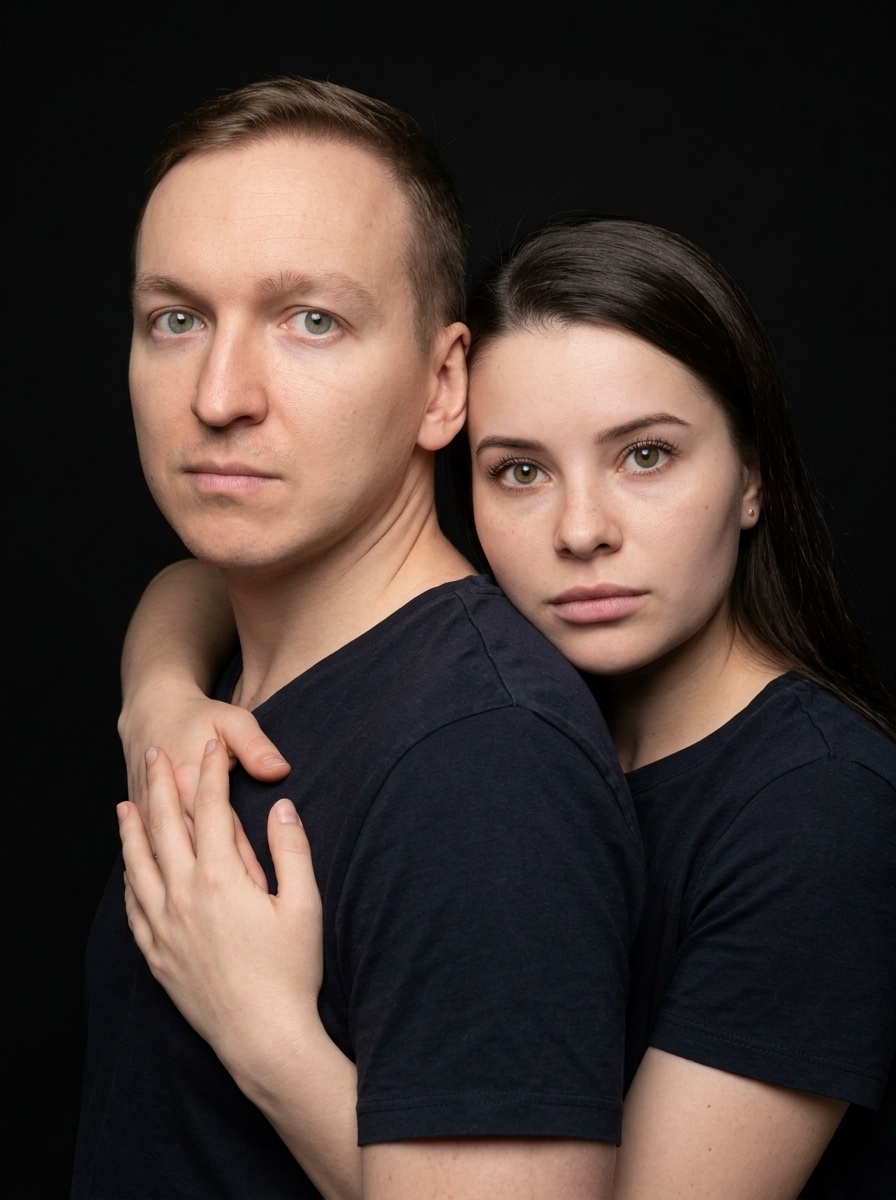 Семейный студийный портрет родителя и ребёнка на чёрном фоне