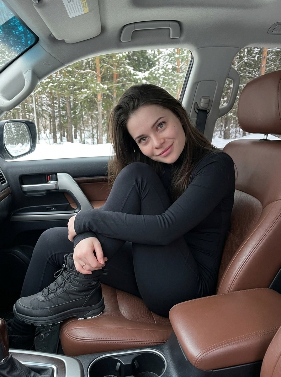 Фотореалистичный портрет девушки в авто зимой