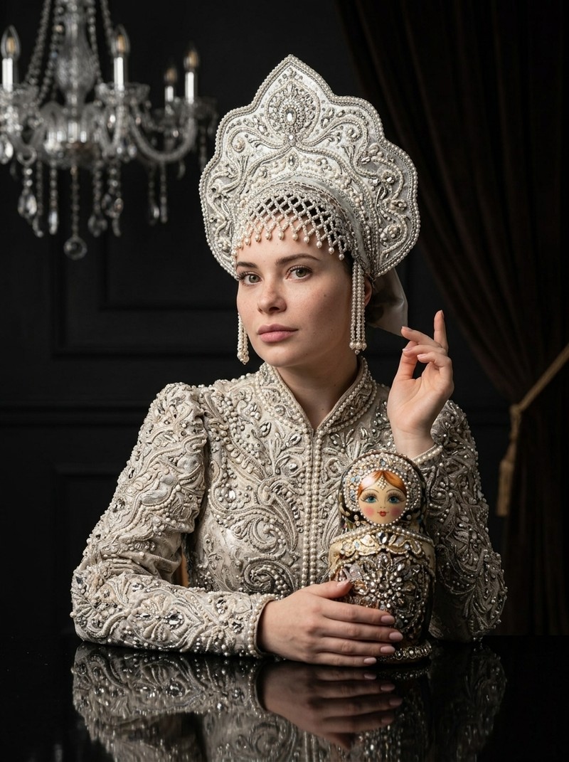 Fashion-портрет девушки в кокошнике с матрёшкой