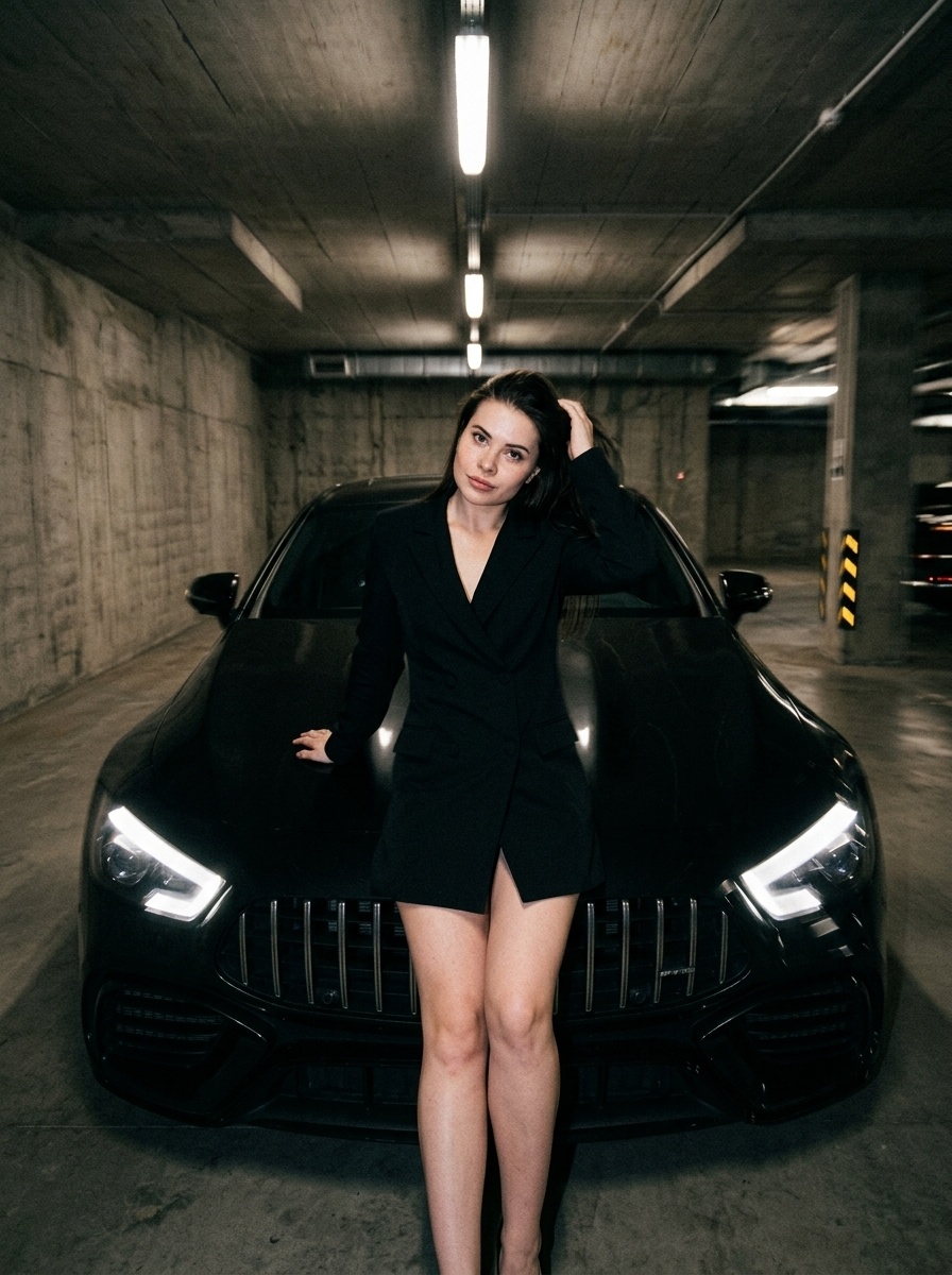 Ночной fashion-кадр девушки у Mercedes в паркинге