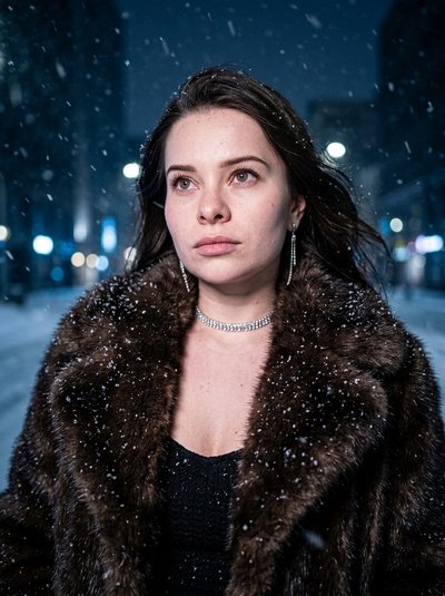 Ночной портрет в снегопад с низкого ракурса