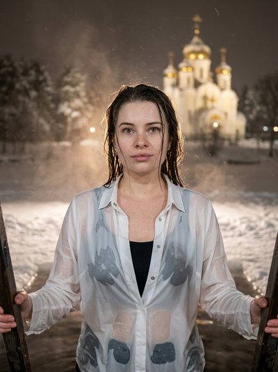 Ночной портрет девушки в зимней купели с храмом