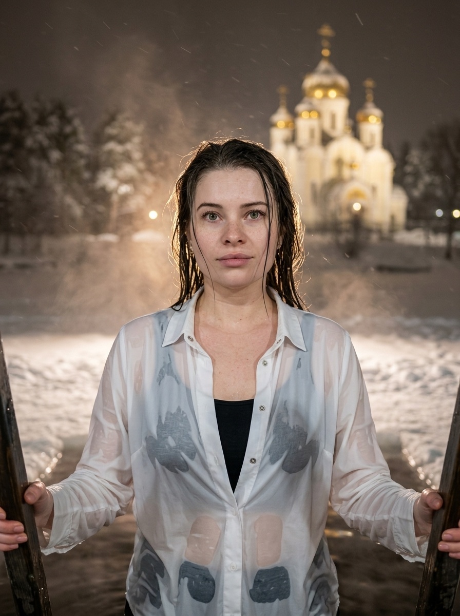 Ночной портрет девушки в зимней купели с храмом