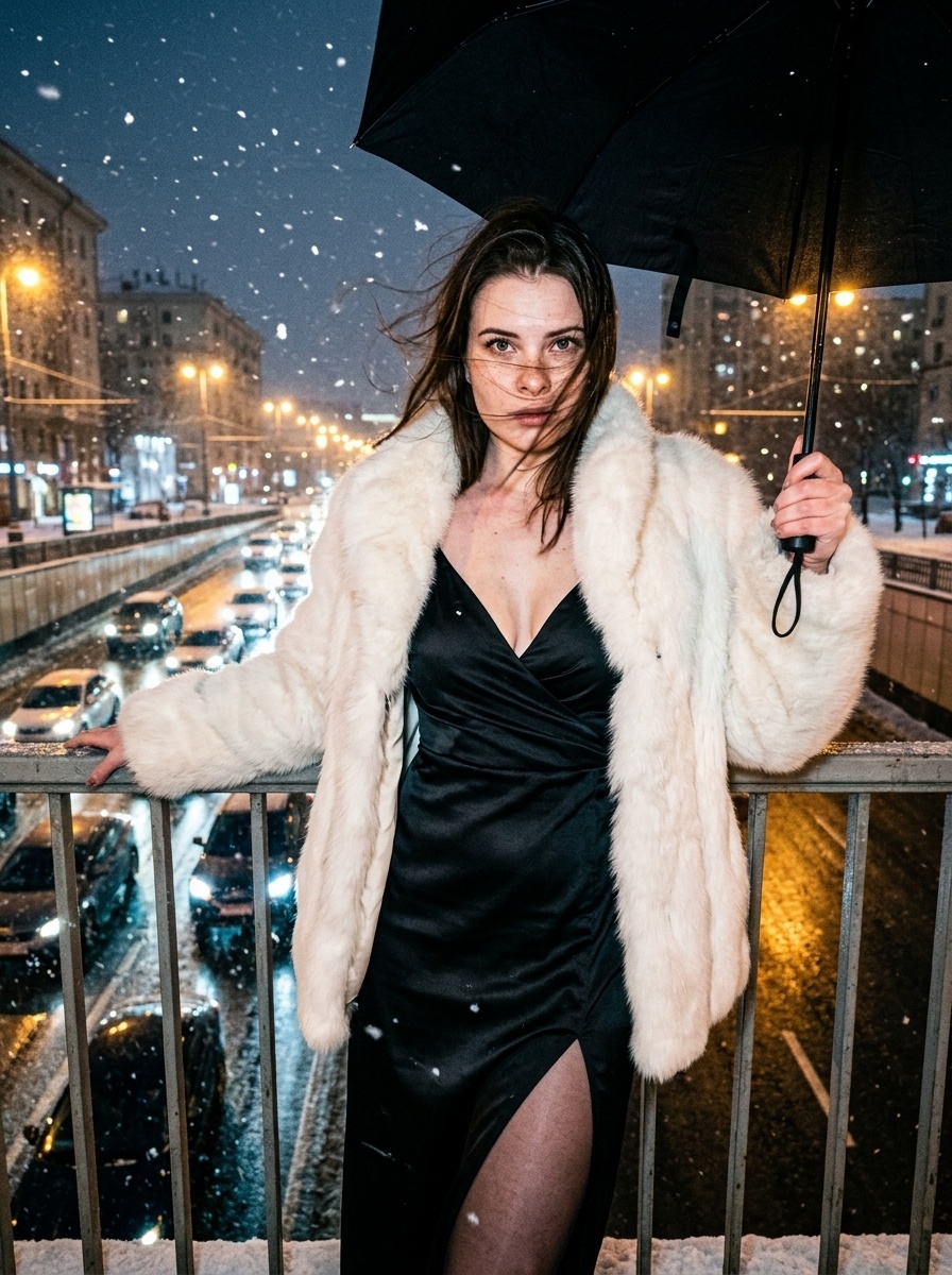 Ночной портрет девушки на мосту в снегопад