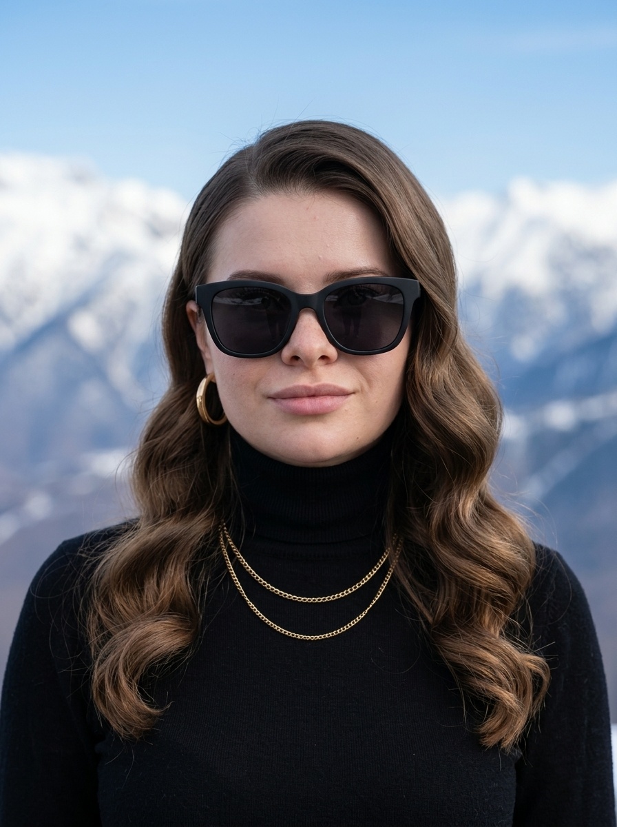 Fashion-портрет девушки в чёрном свитере на фоне гор