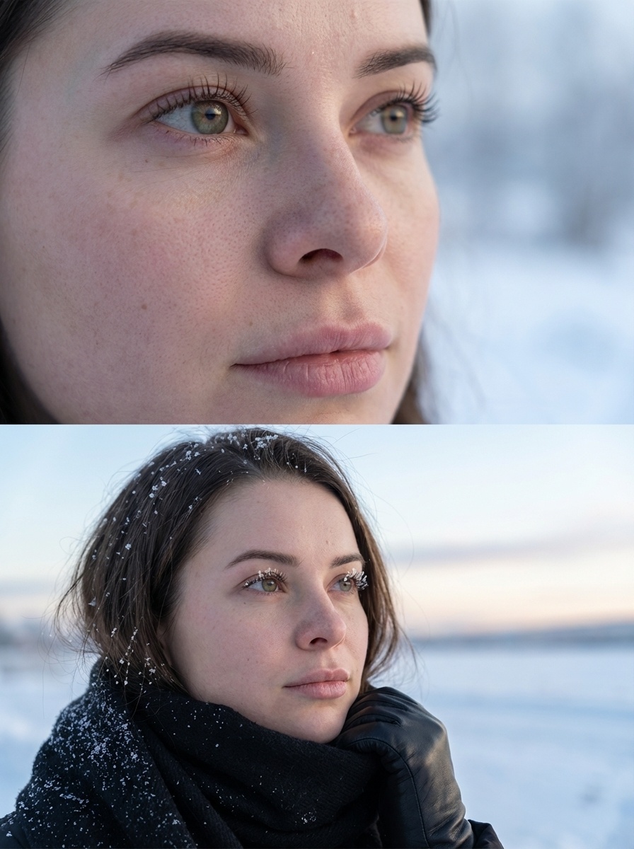 Зимний коллаж из двух фото с девушкой в снегу