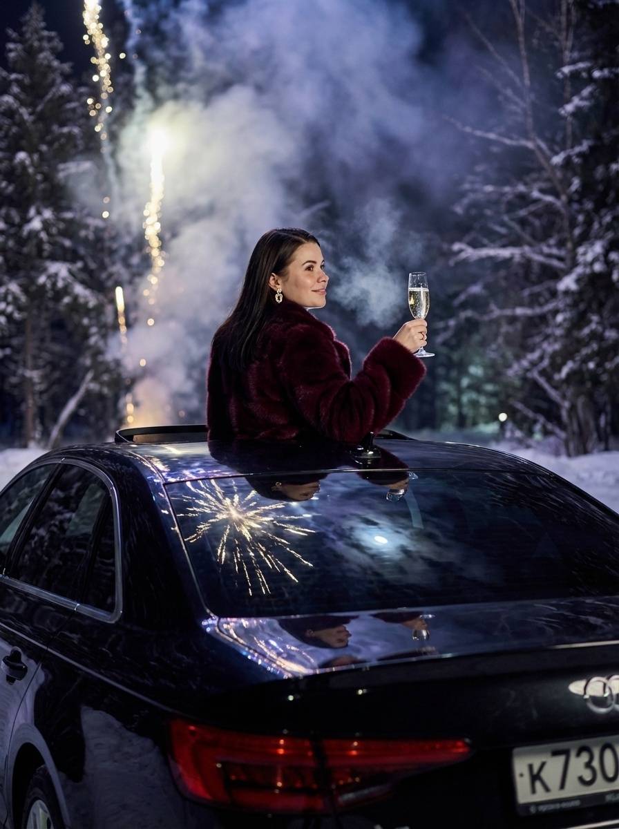 Женщина в шубе у авто в зимнем лесу