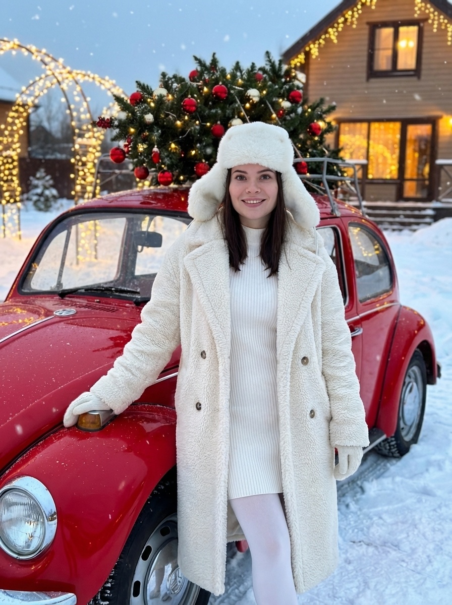 Новогодняя фотосессия девушки у Volkswagen Beetle в снегу