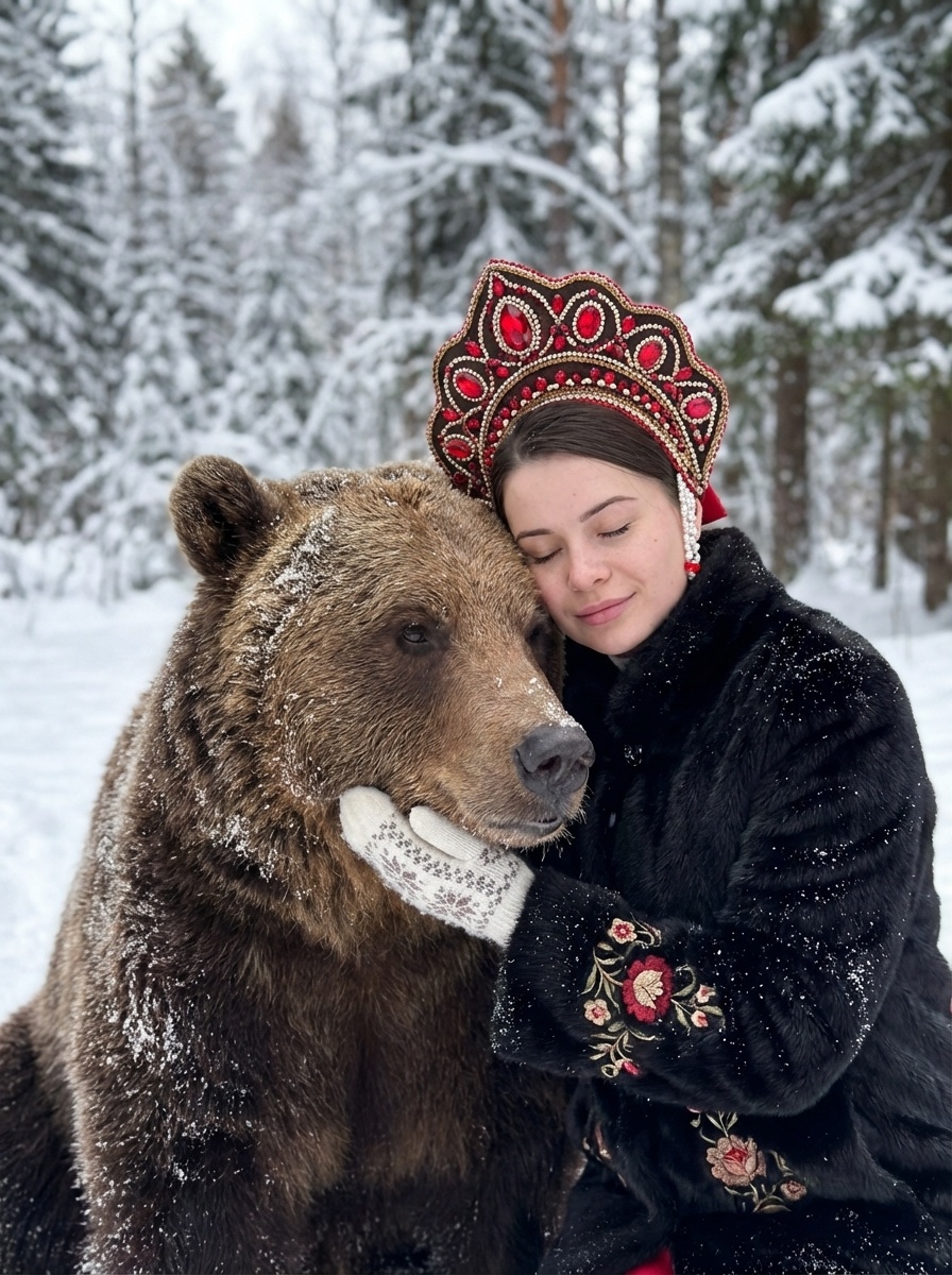 Девушка с медведем в зимнем лесу в кокошнике и шубе