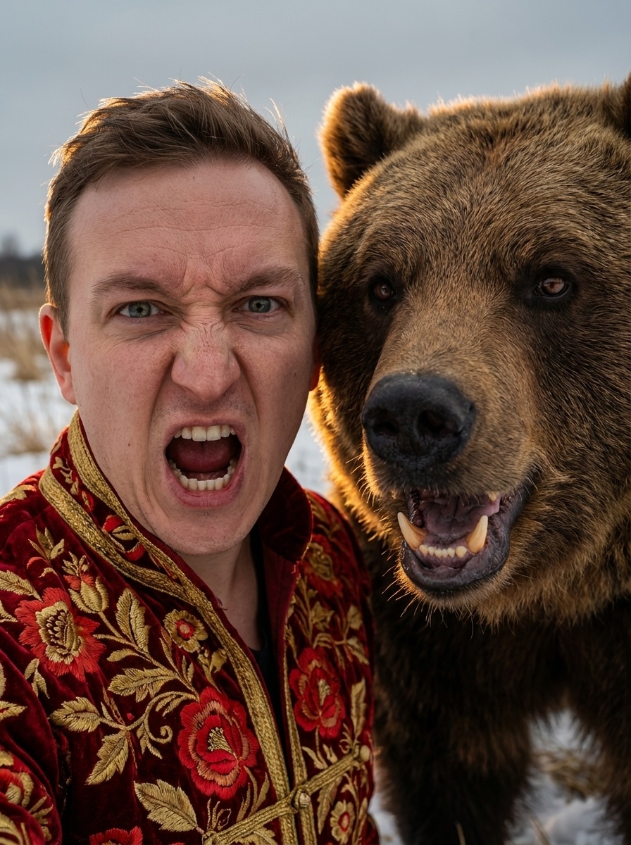 Парень с медведем в русском костюме на закате