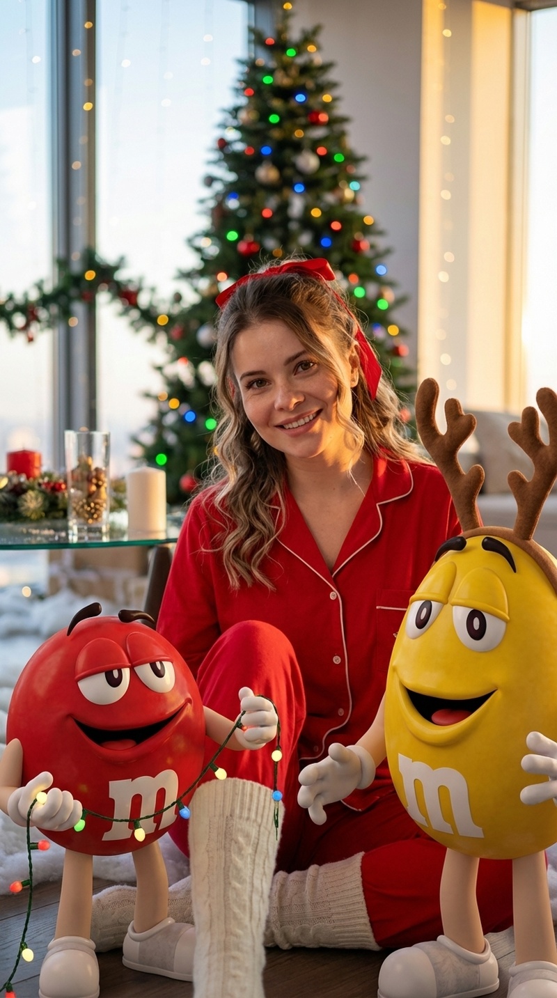 Гиперреалистичный портрет девушки в новогоднем лофте с M&M’s