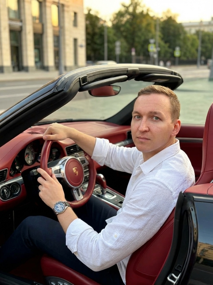 Роскошный портрет за рулём Porsche с красным салоном