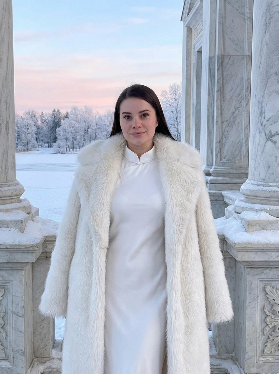 Элегантная женщина в белом зимнем образе на фоне неоклассики