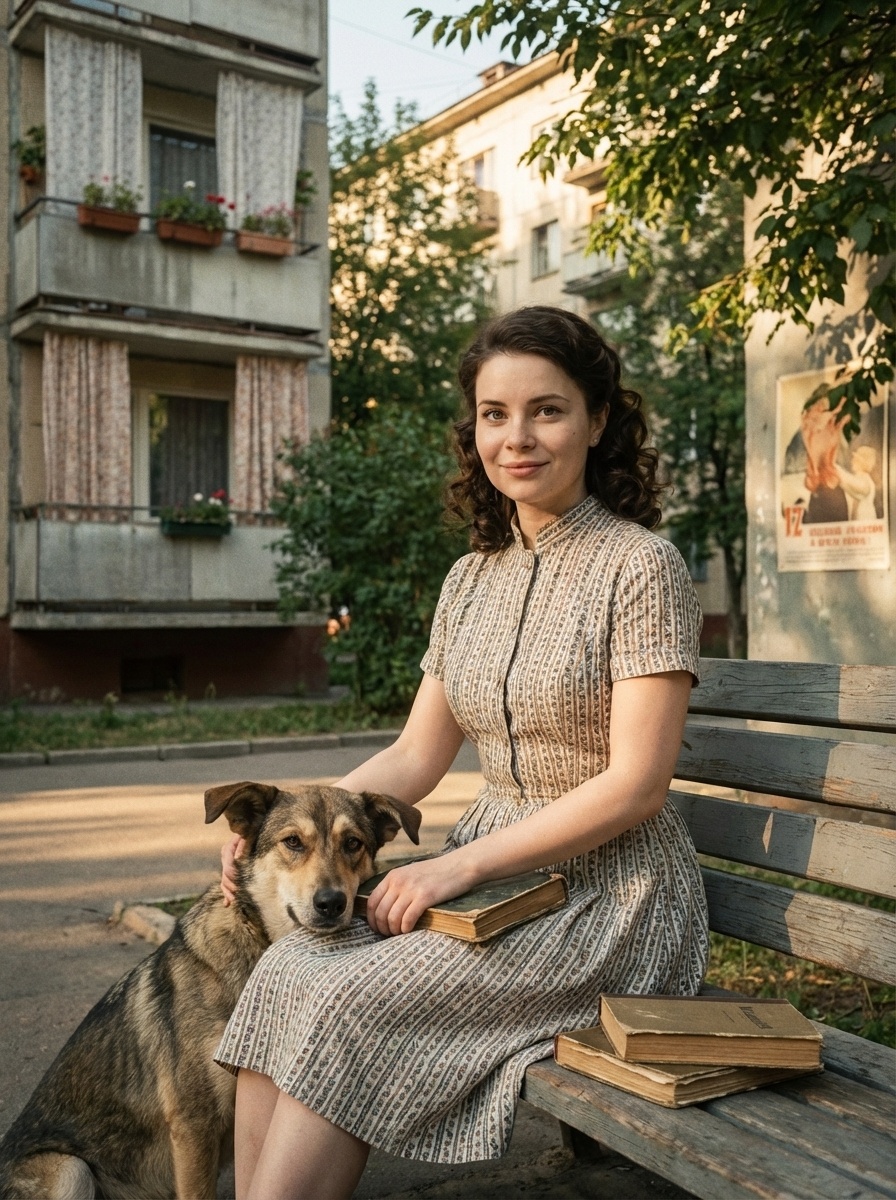 Советское кино 1960-х: девушка и собака в вечернем свете