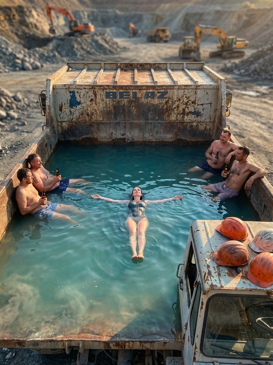 Женщина в кузове БелАЗа с водой и рабочими
