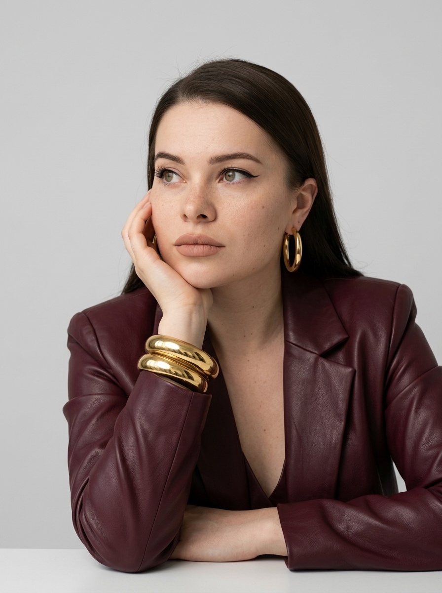 Фотореалистичный fashion-портрет в бордовом кожаном жакете