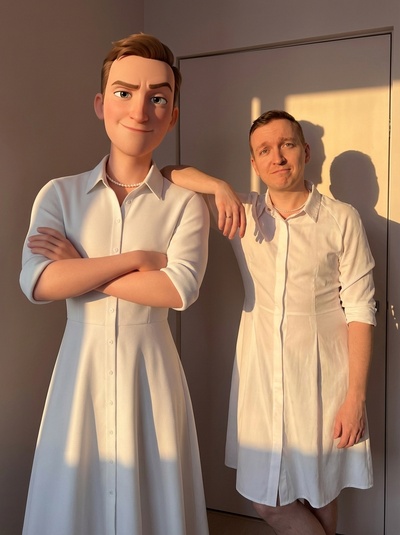 Гигантский Pixar-персонаж в утреннем свете