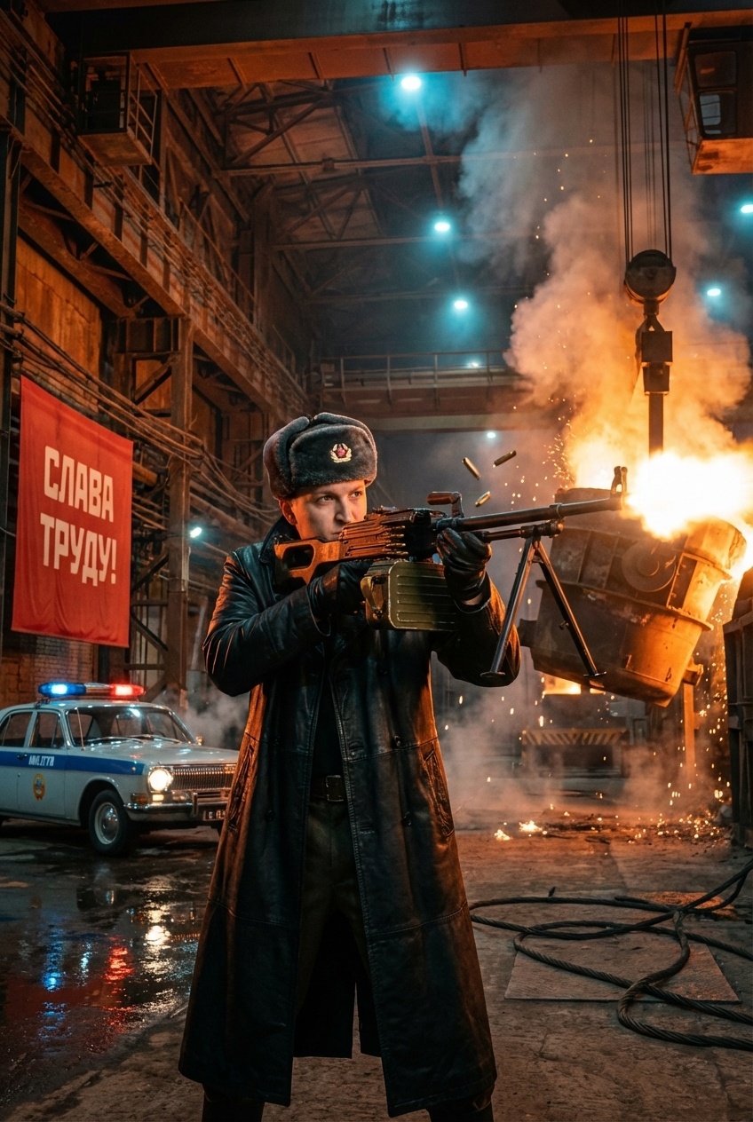 Вооружённый мужчина в ночном сталелитейном цехе