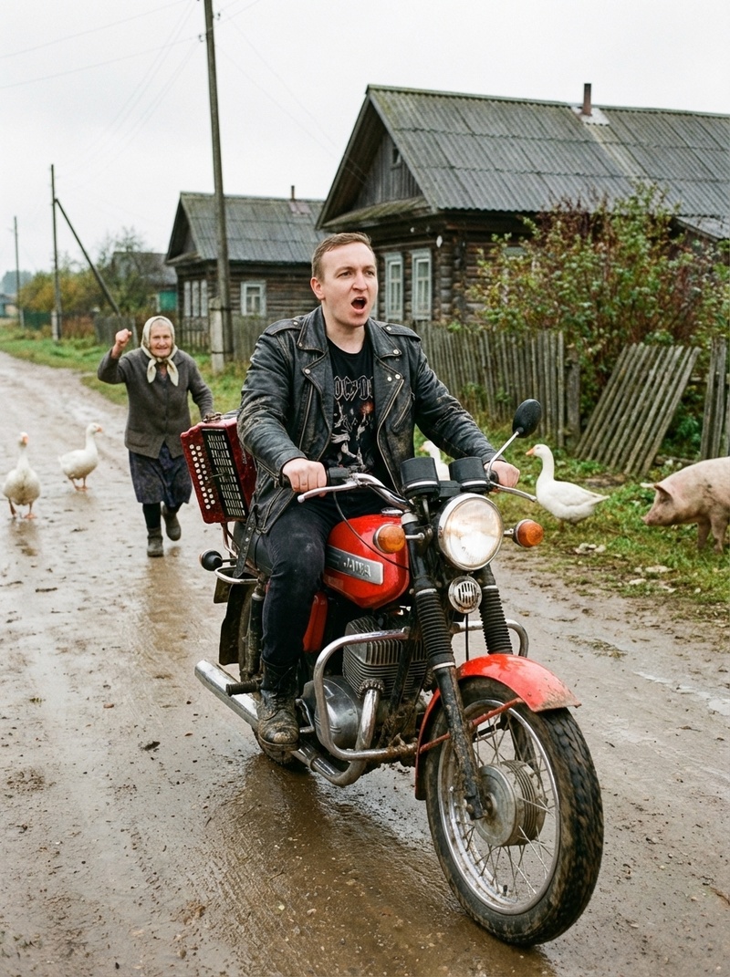 Мотоцикл Jawa 350 и мужчина на дороге после дождя