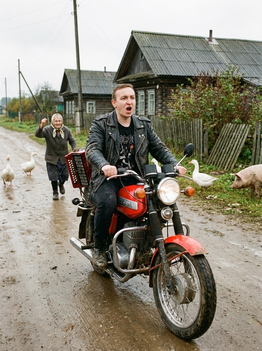Мотоцикл Jawa 350 и мужчина на дороге после дождя