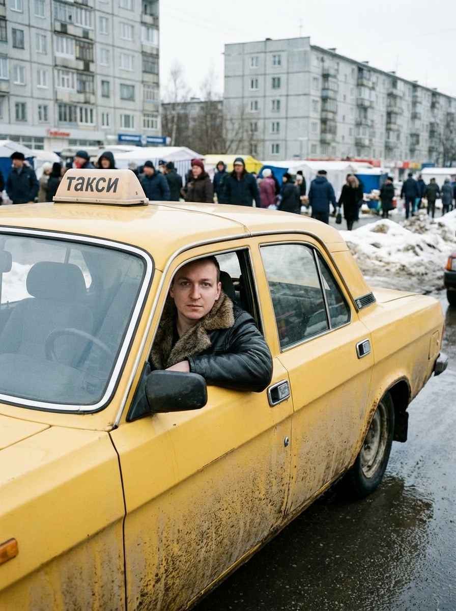Портрет таксиста в ГАЗ-31029 поздней зимой