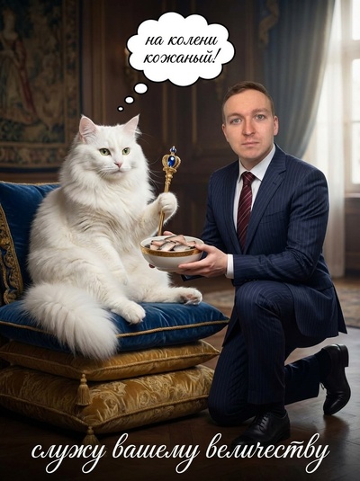 Серьёзный бизнесмен на коленях перед котом-королём