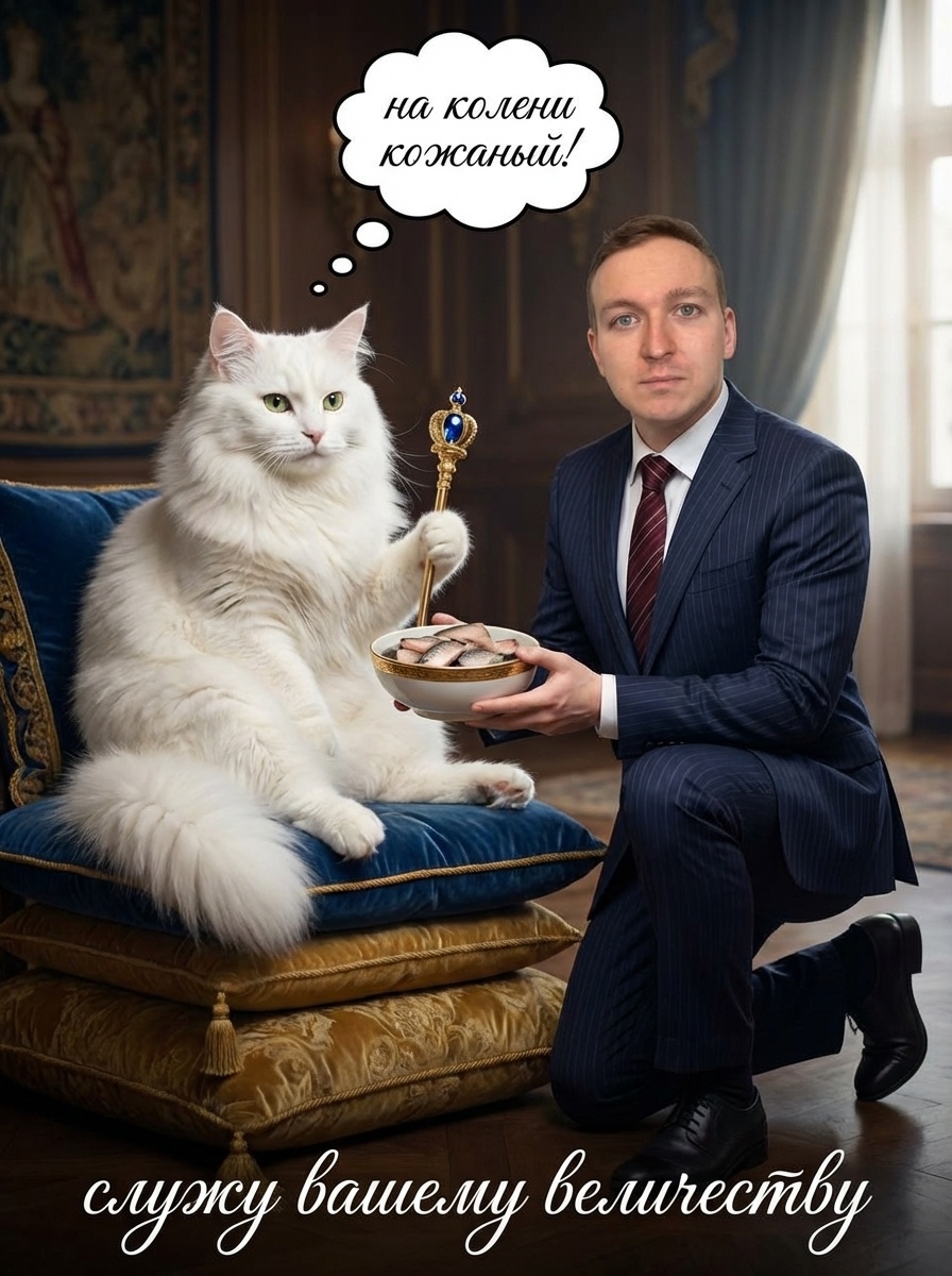 Серьёзный бизнесмен на коленях перед котом-королём