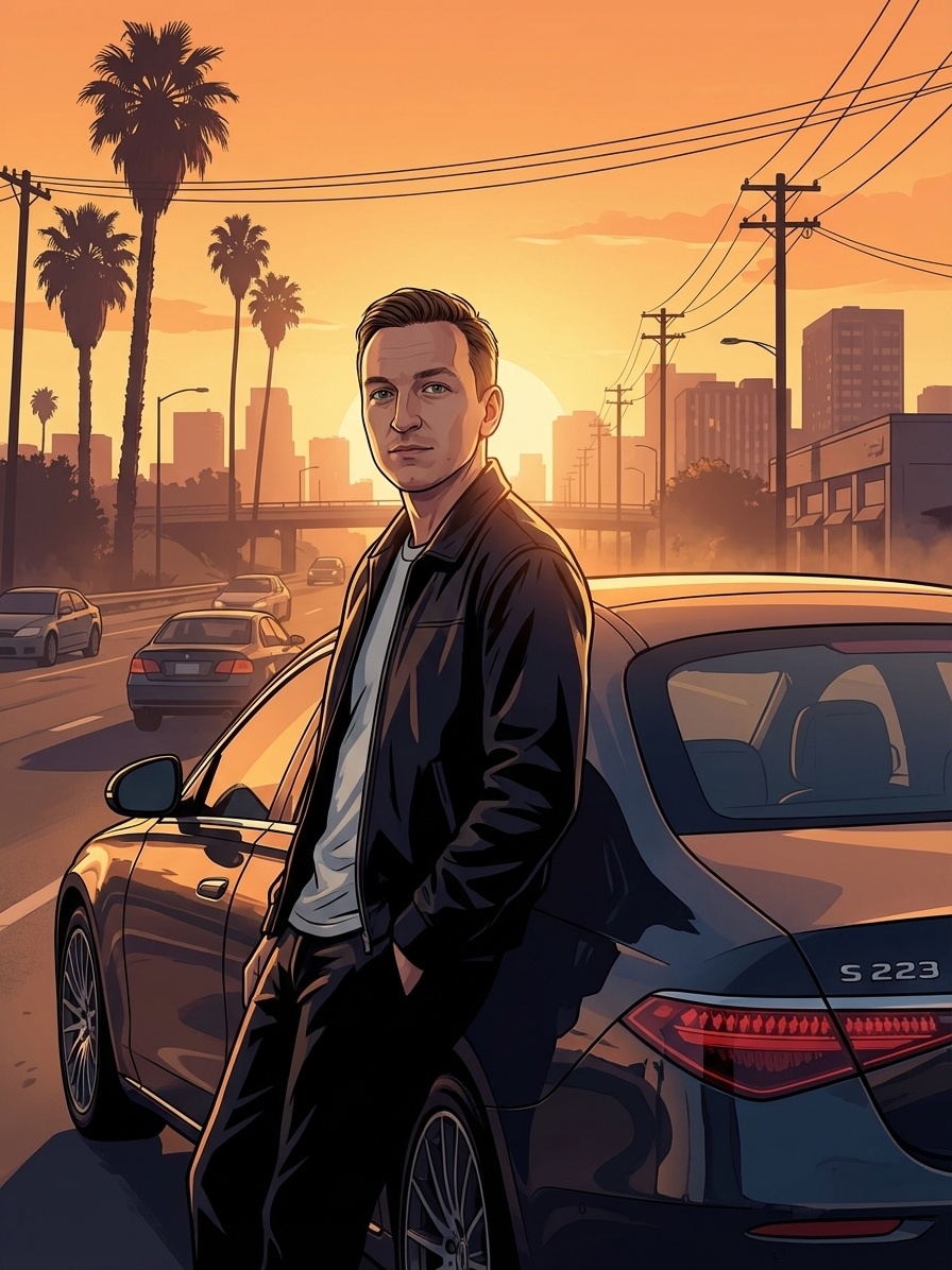 Герой GTA на закате в Калифорнии