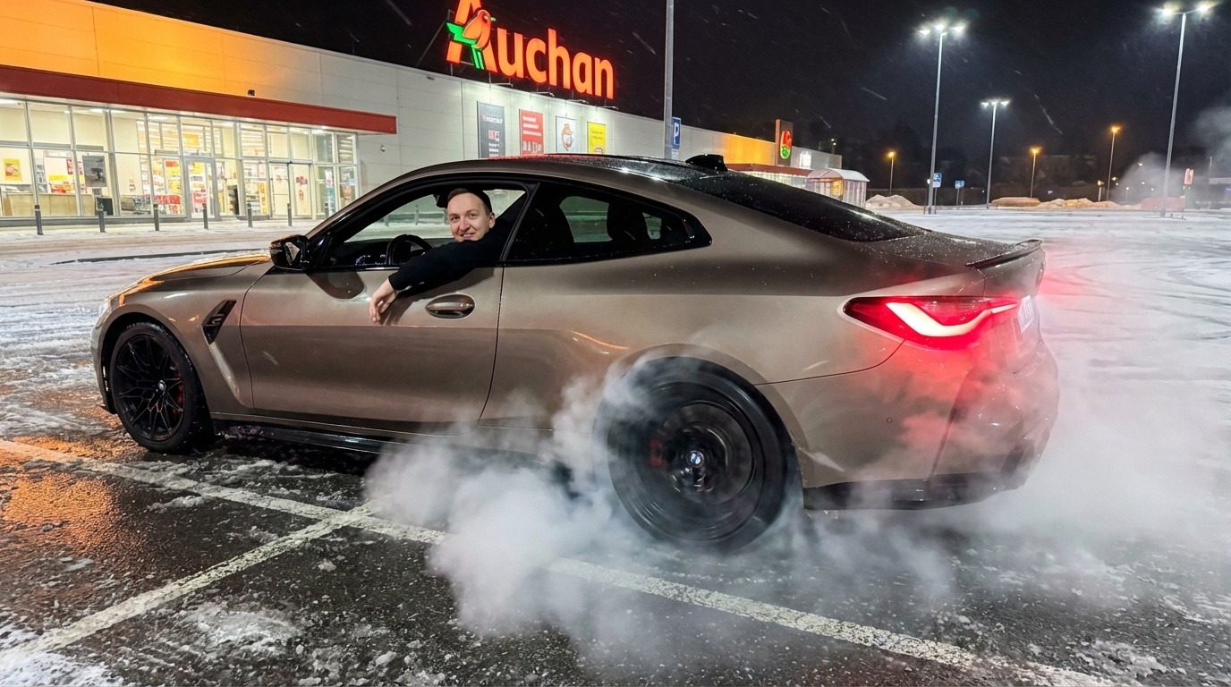 BMW M4 G82 ночью на парковке с бернаутом