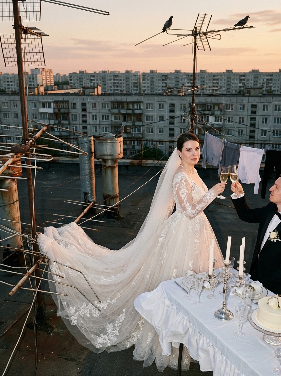 Невеста на крыше хрущёвки в золотой час