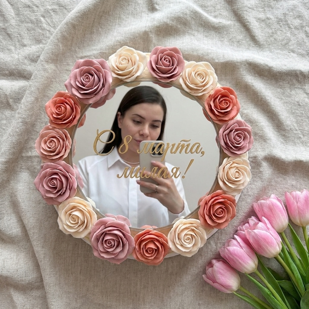 Flat-lay торт с отражением женщины