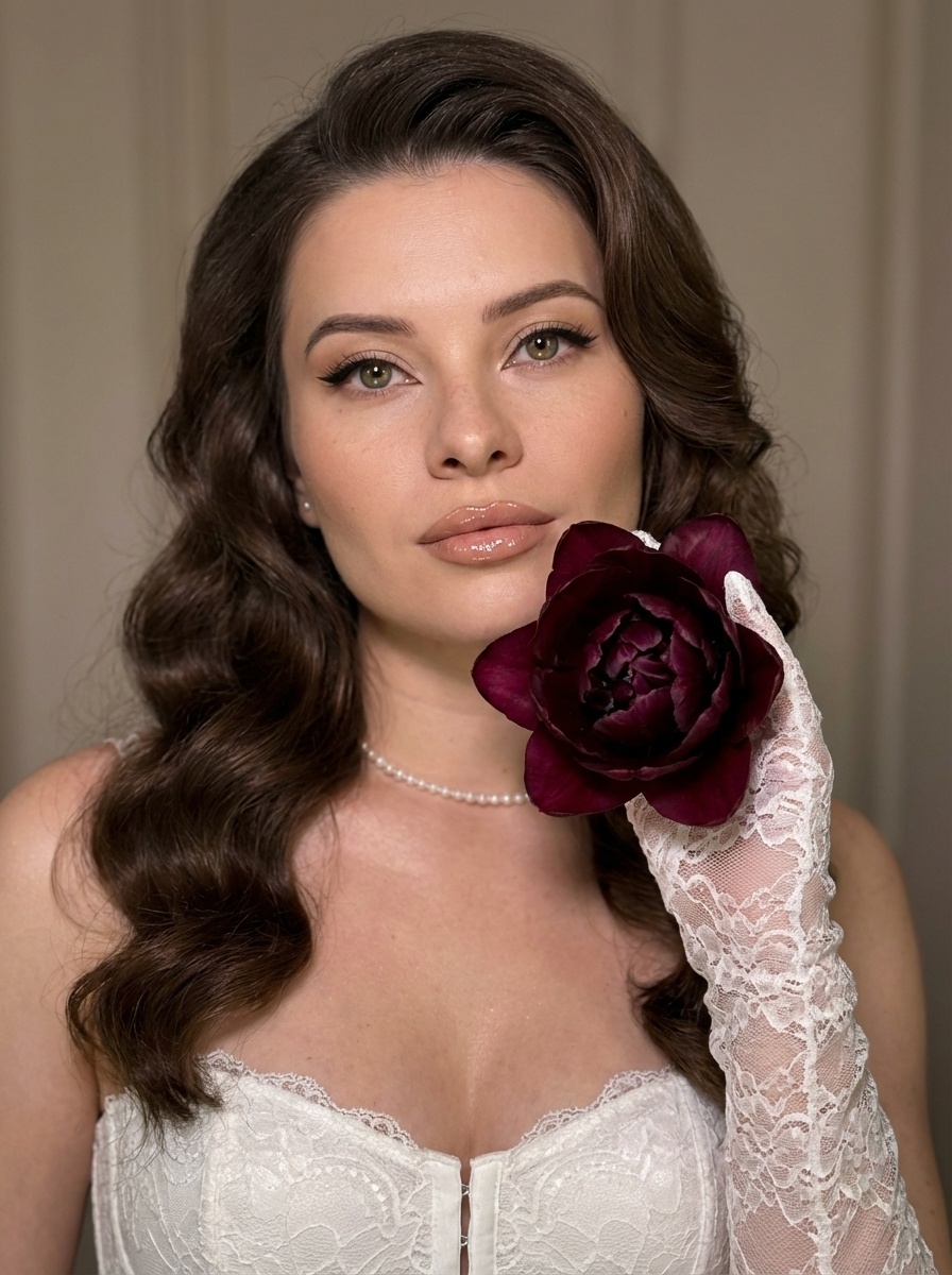 Винтажный портрет женщины с тюльпаном в стиле Old Hollywood glam