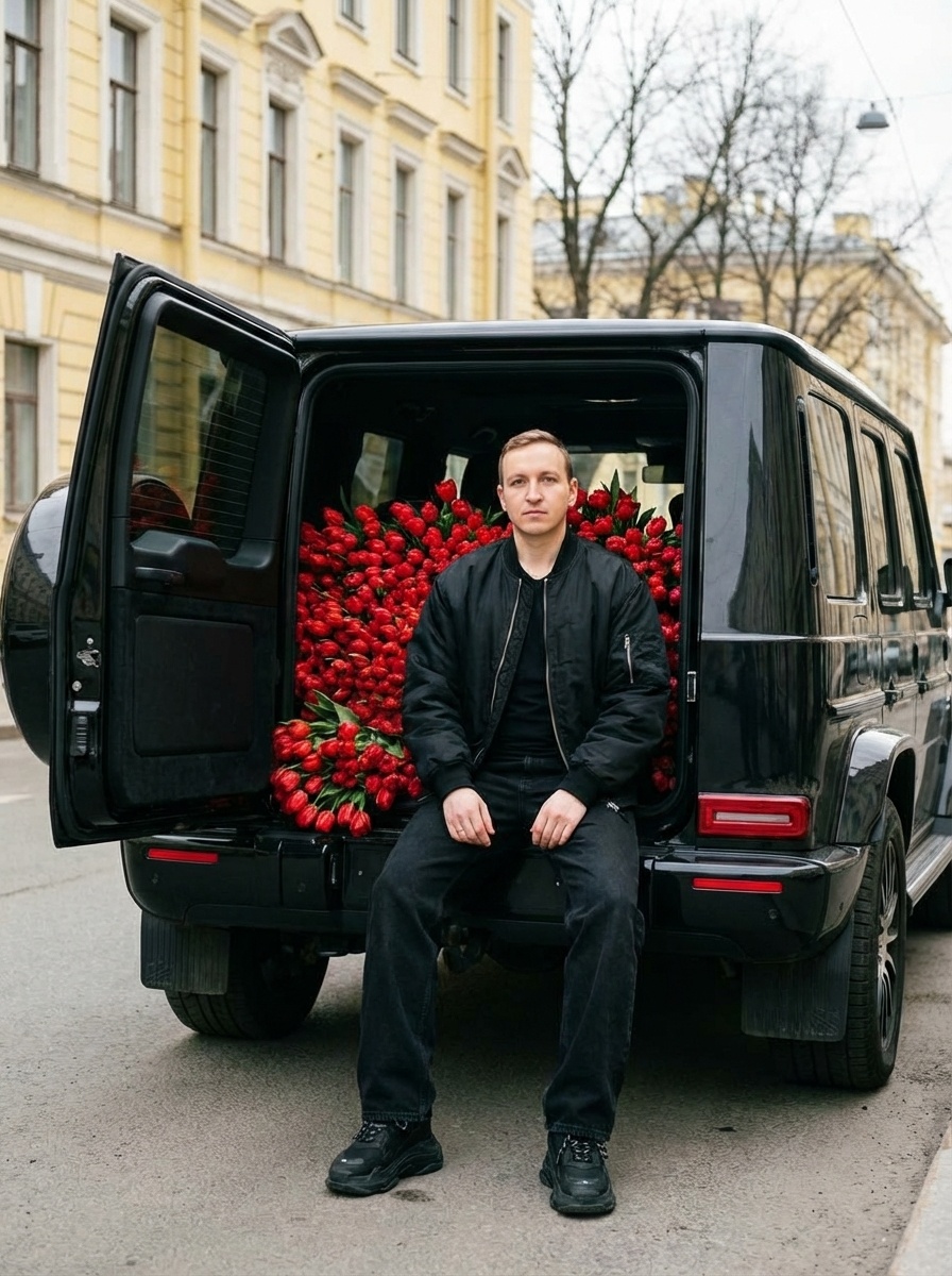 Total Black мужчина с тюльпанами на Mercedes G-Class