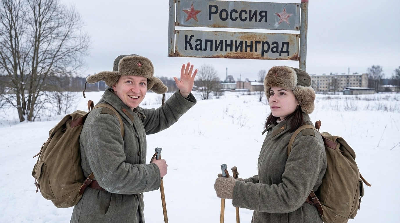 Советская пара на лыжах у границы Калининграда