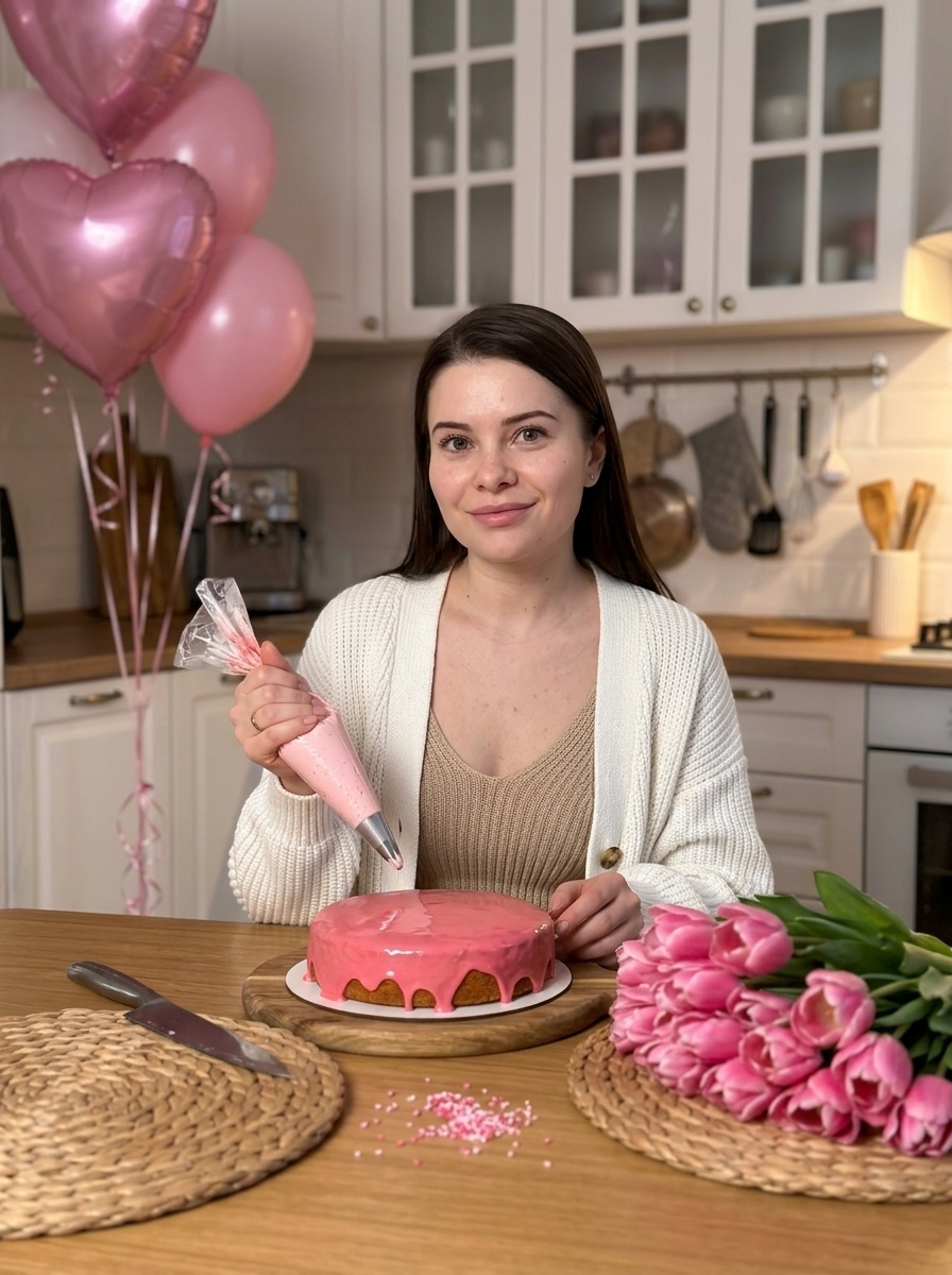 Уютная женщина на кухне с тортом и тюльпанами