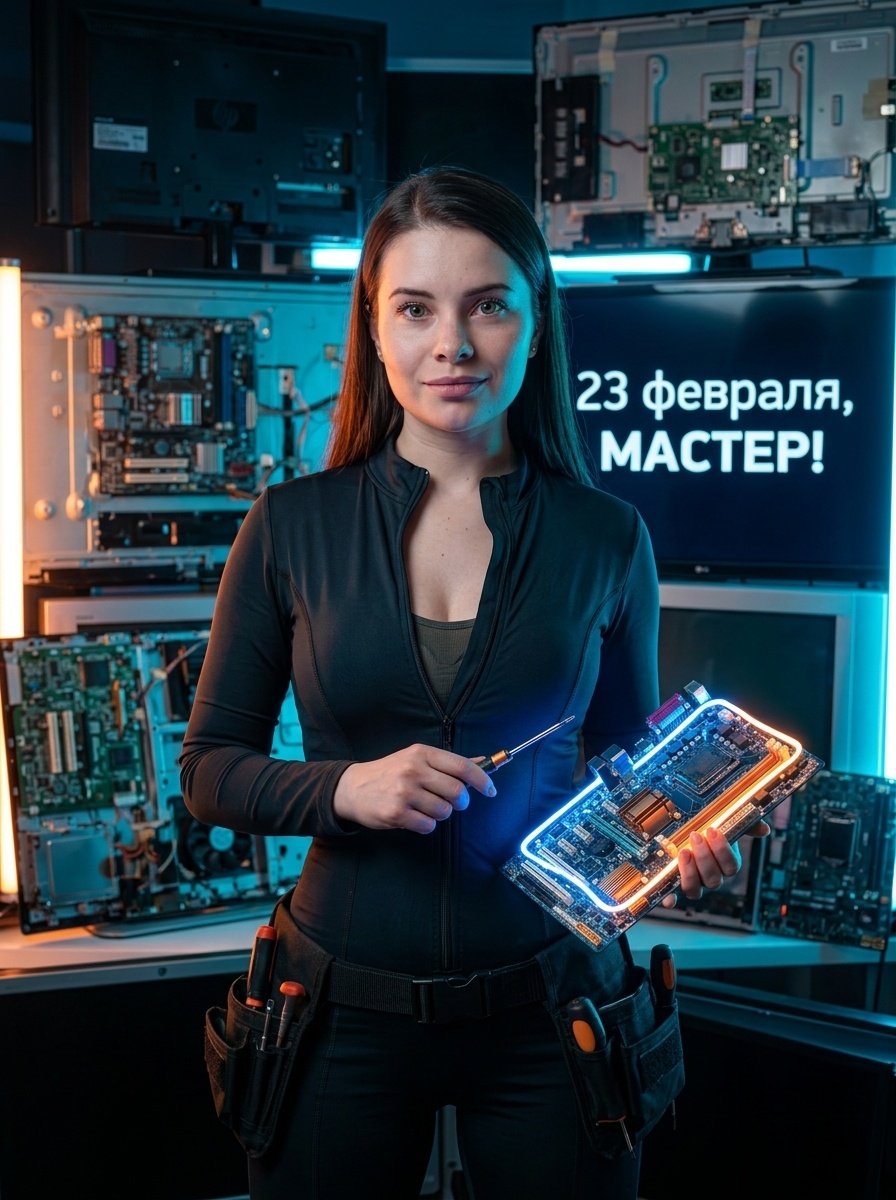 Женщина в неоновой мастерской: киберпанк-портрет