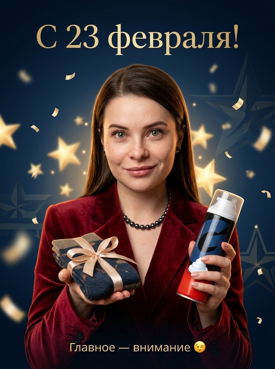 Юмористическая открытка с женщиной на 23 февраля