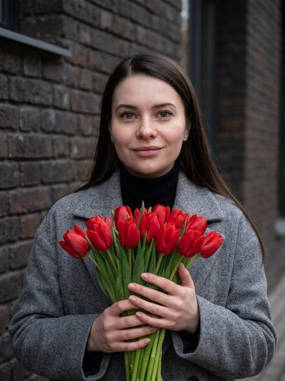 Городской портрет женщины с тюльпанами на кирпичном фоне