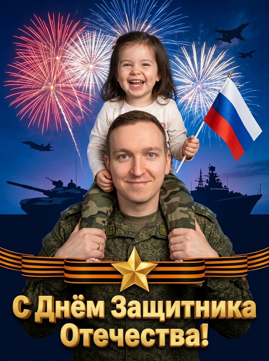 Мужчина с ребенком на плечах в военной форме