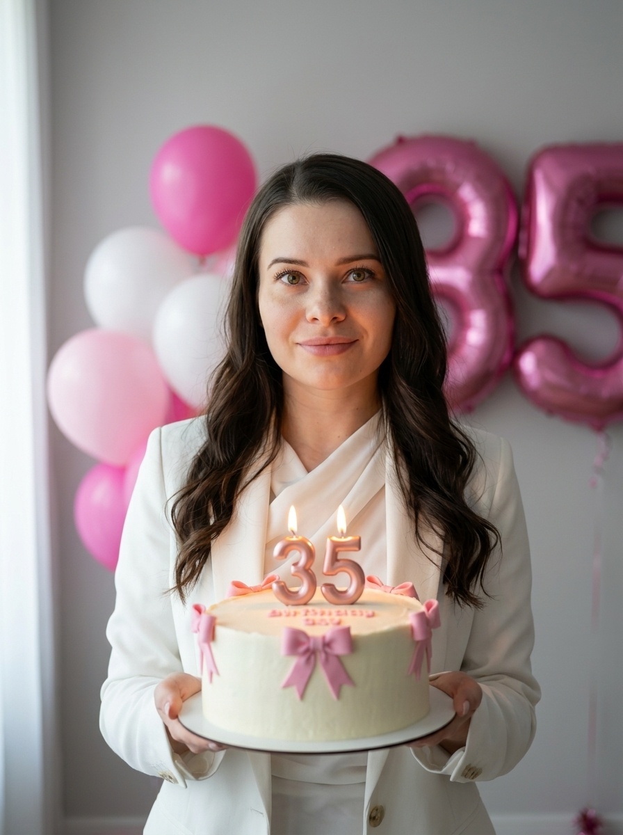 Портрет женщины с тортом на 35-летие