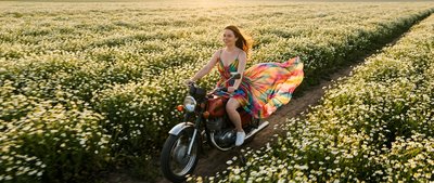 Роскошная женщина на мотоцикле в поле ромашек