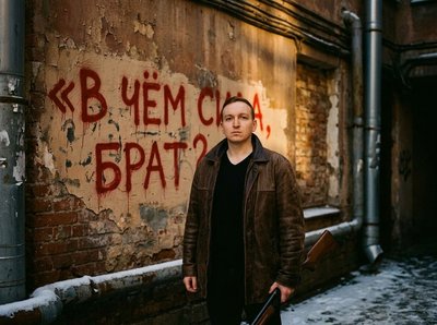 Мужской портрет в постсоветском дворе с граффити