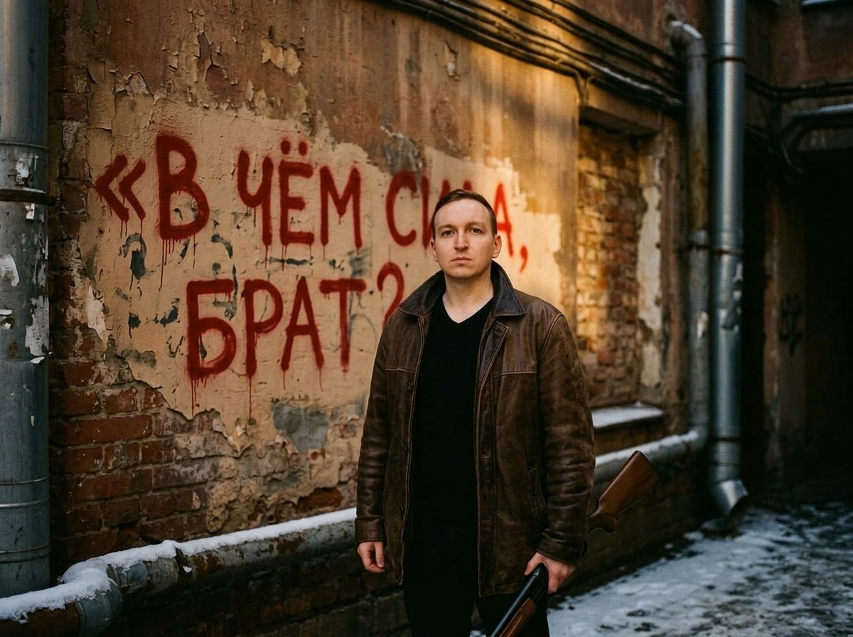 Мужской портрет в постсоветском дворе с граффити