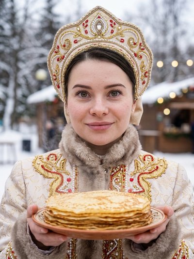 Портрет в русском костюме Масленицы с блинами