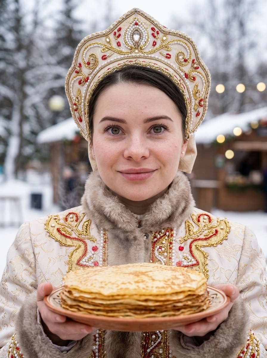 Портрет в русском костюме Масленицы с блинами