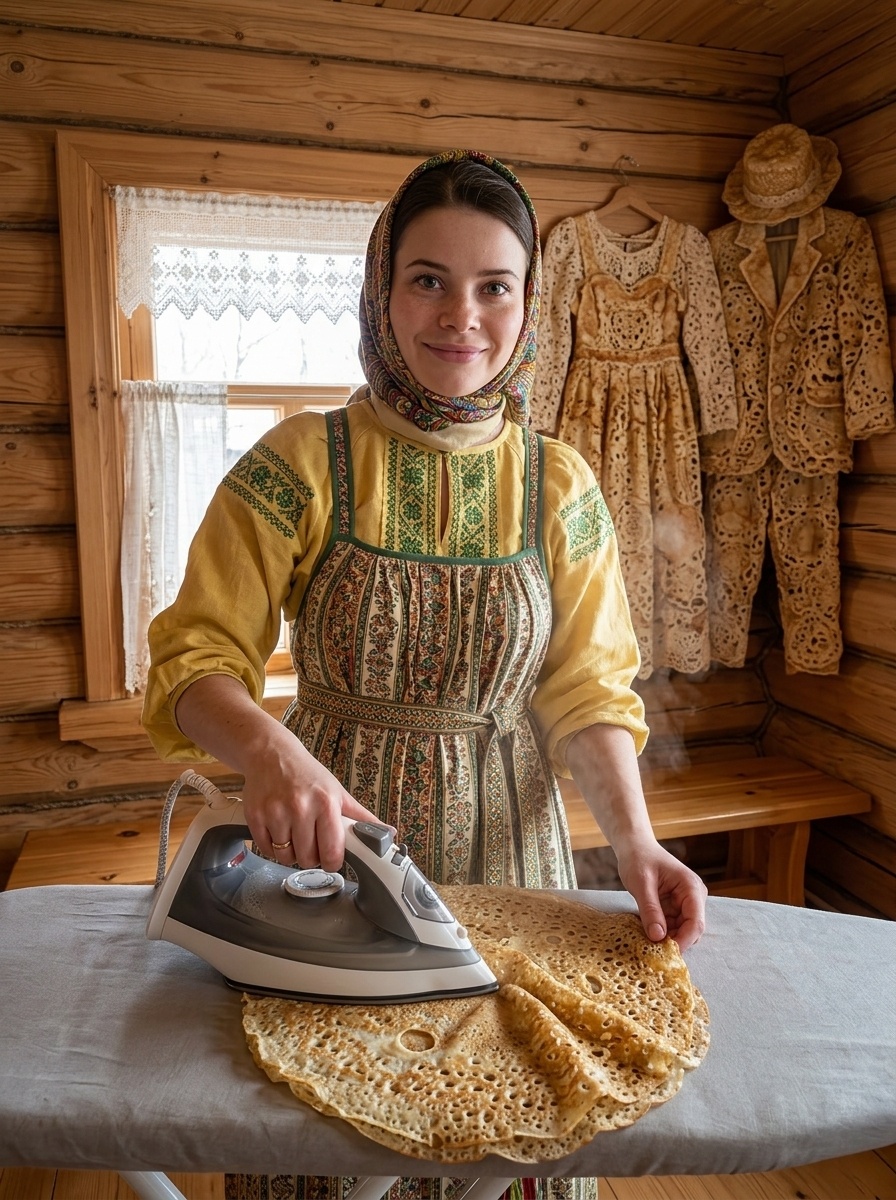 Женщина в русской одежде гладит блин в избе