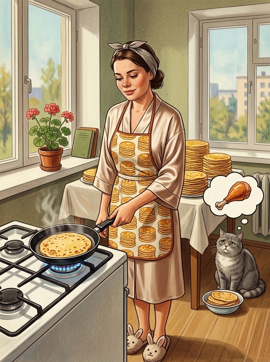 Винтажная открытка: женщина печет блины на Масленицу