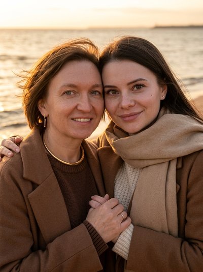 Портрет матери и дочери в фэшн-стиле у моря