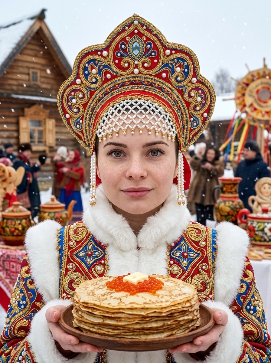 Портрет в русском костюме на Масленицу в стиле винтаж